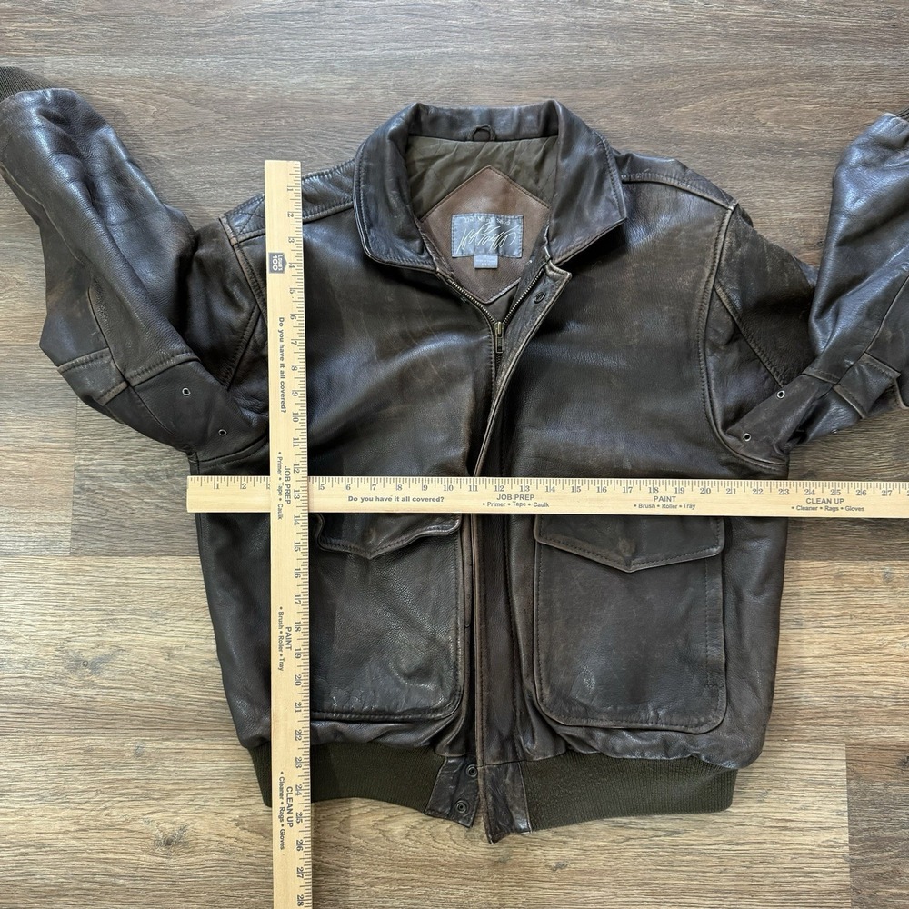 VTG Mens Shop Brown Leather Jacket Distressed Sz L Bomber Classic Trendy Flight - Picture 6 of 8